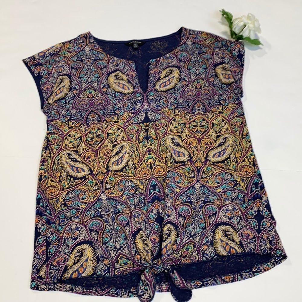 Lucky Brand Tie‎ Knotted Front Top Cap Sleeve Split Neck Paisley Print Small